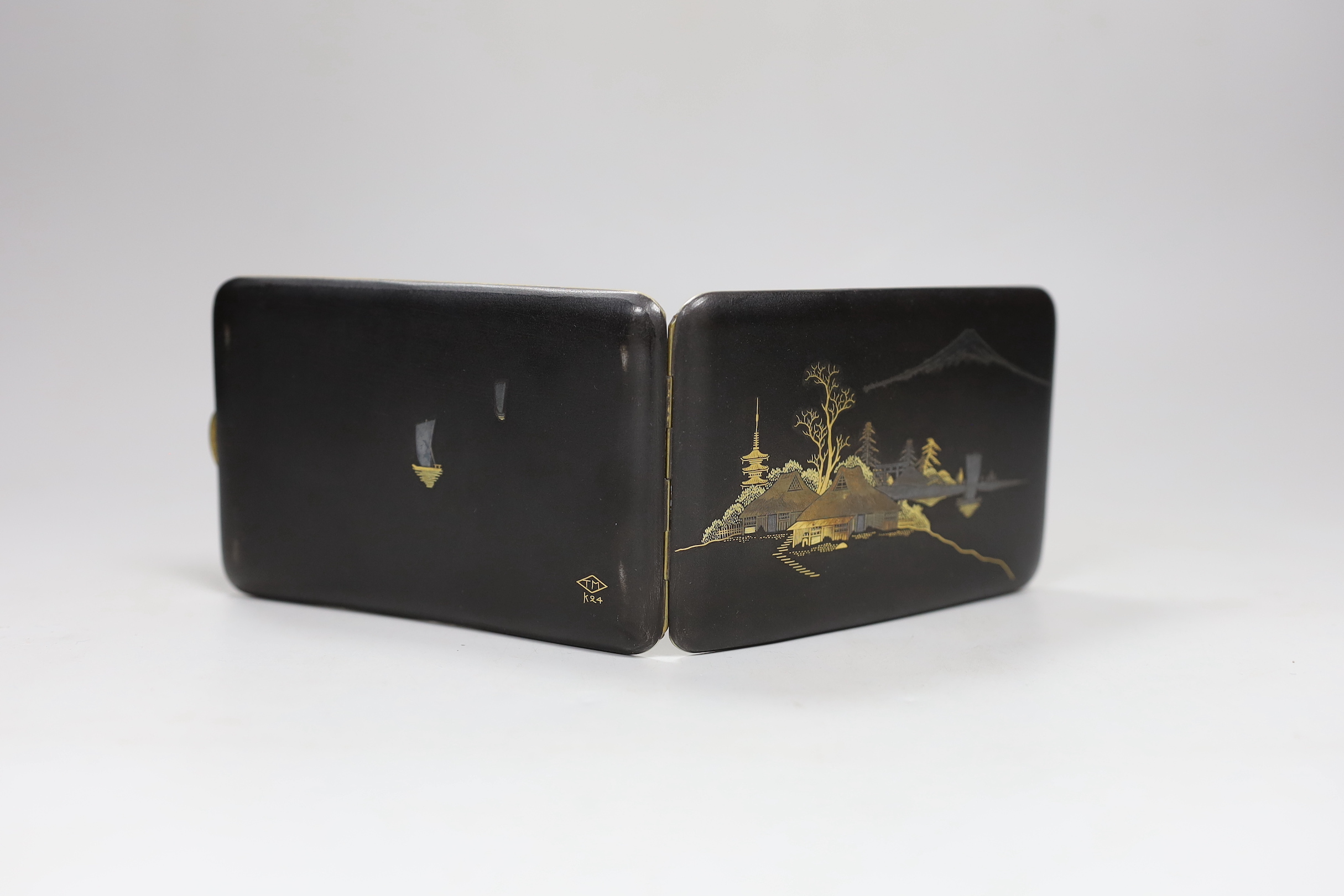 A Japanese gold damascened iron cigarette case, probably by Takeda Brothers